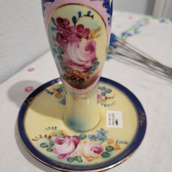 Antique Limoges Porcelain Hat Pin Holder W/ Trinket Dish Gold Trim France Floral - Picture 2 of 12